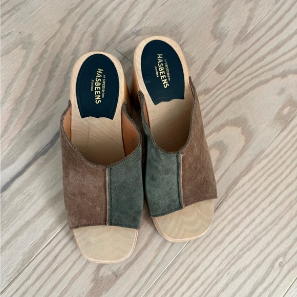 Swedish Hasbeens Suede Mules in Brown and Olive - Picture 3 of 5